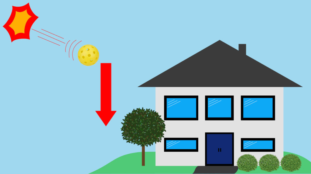 Smack of pickleball toward a home with a red arrow facing down beside the home