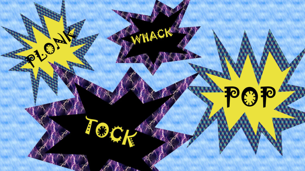 pop-whack-tock-plonk with blast shapes depicting the loud noise that pickleball makes