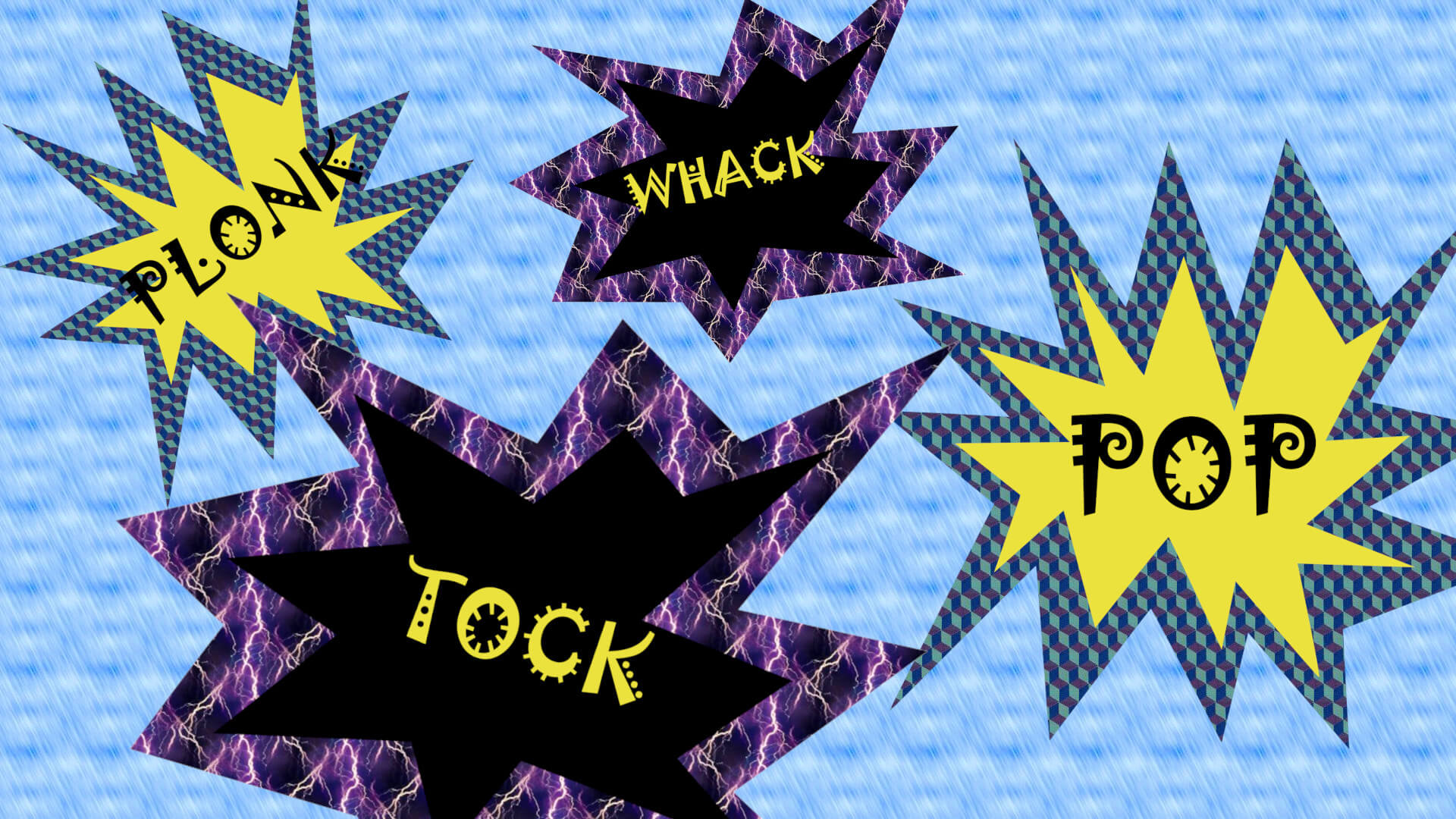 pop-whack-tock-plonk with blast shapes depicting the loud noise that pickleball makes
